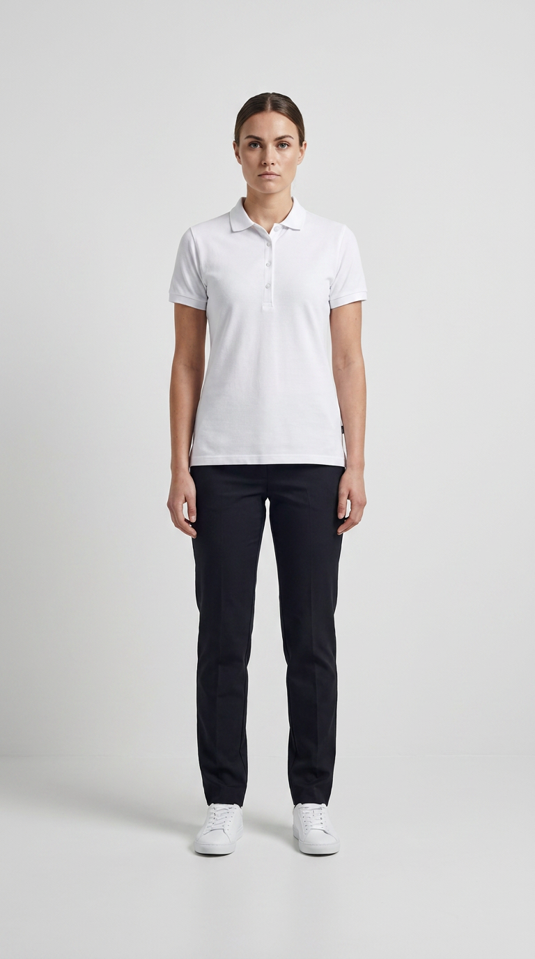 Kvinde i hvid polo shirt, mørke bukser og hvide sneakers foran en lys baggrund.