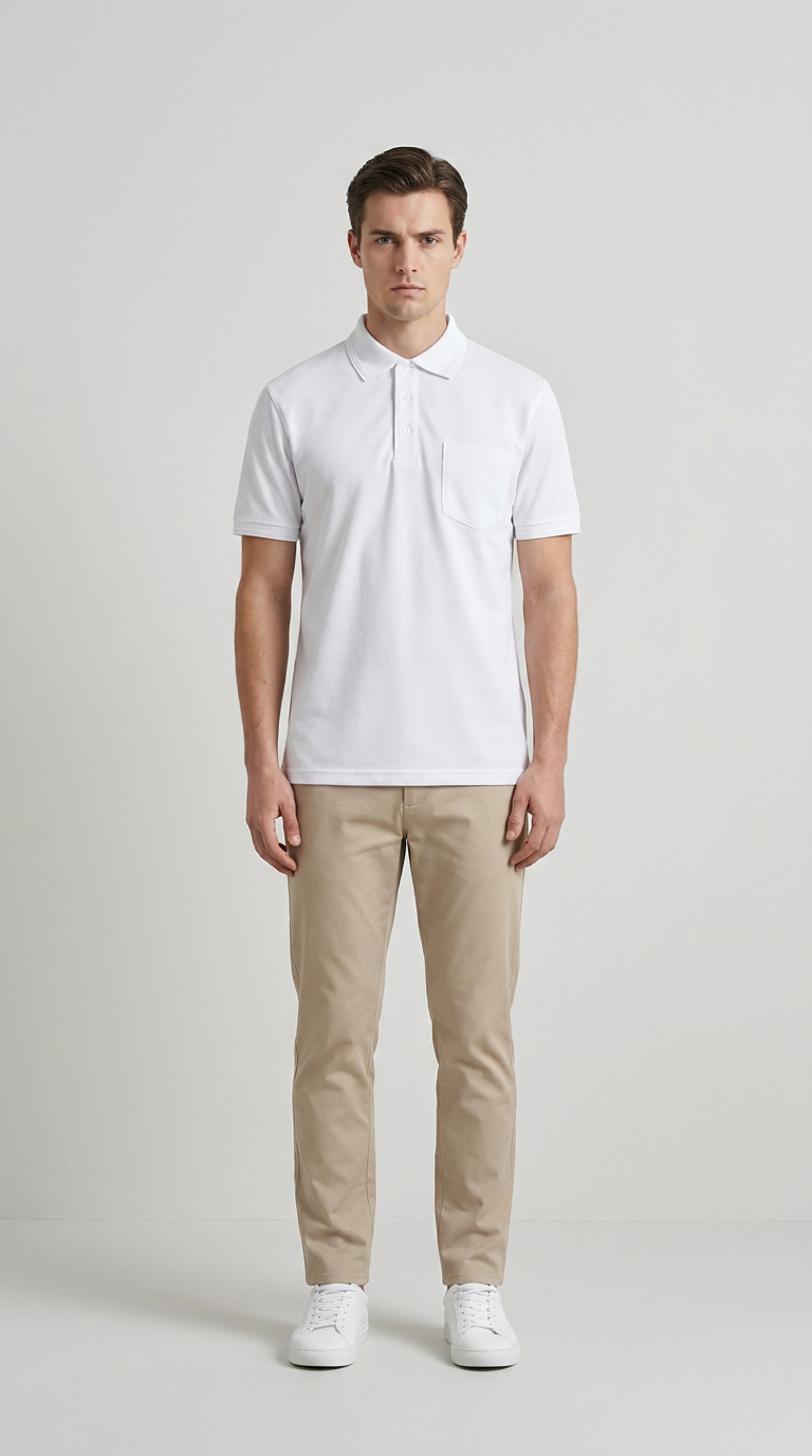 Mand iført hvid polo-shirt, beige chinos og hvide sneakers foran en grå baggrund.