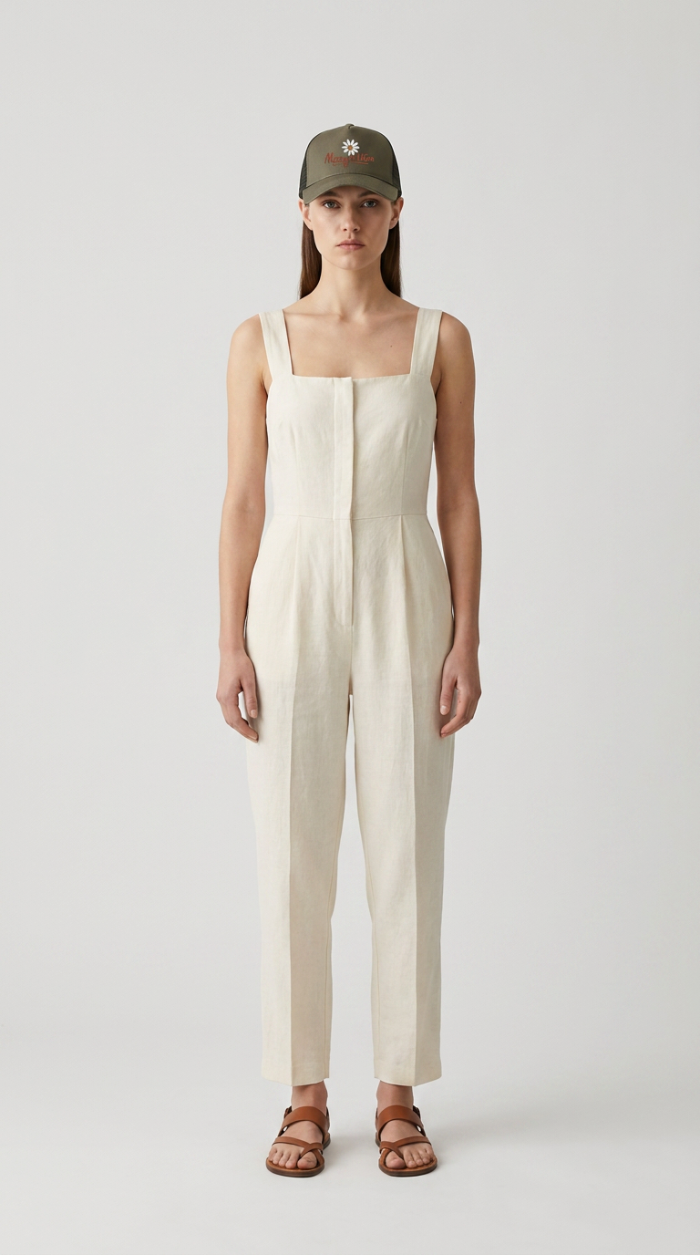 Kvinde i creme-farvet hør-jumpsuit, grøn kasket og brune sandaler på en lys baggrund.