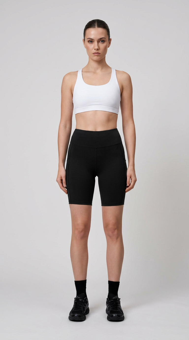 Kvinde i hvid sports-bh og sorte cykelshorts stående mod en lys grå baggrund.