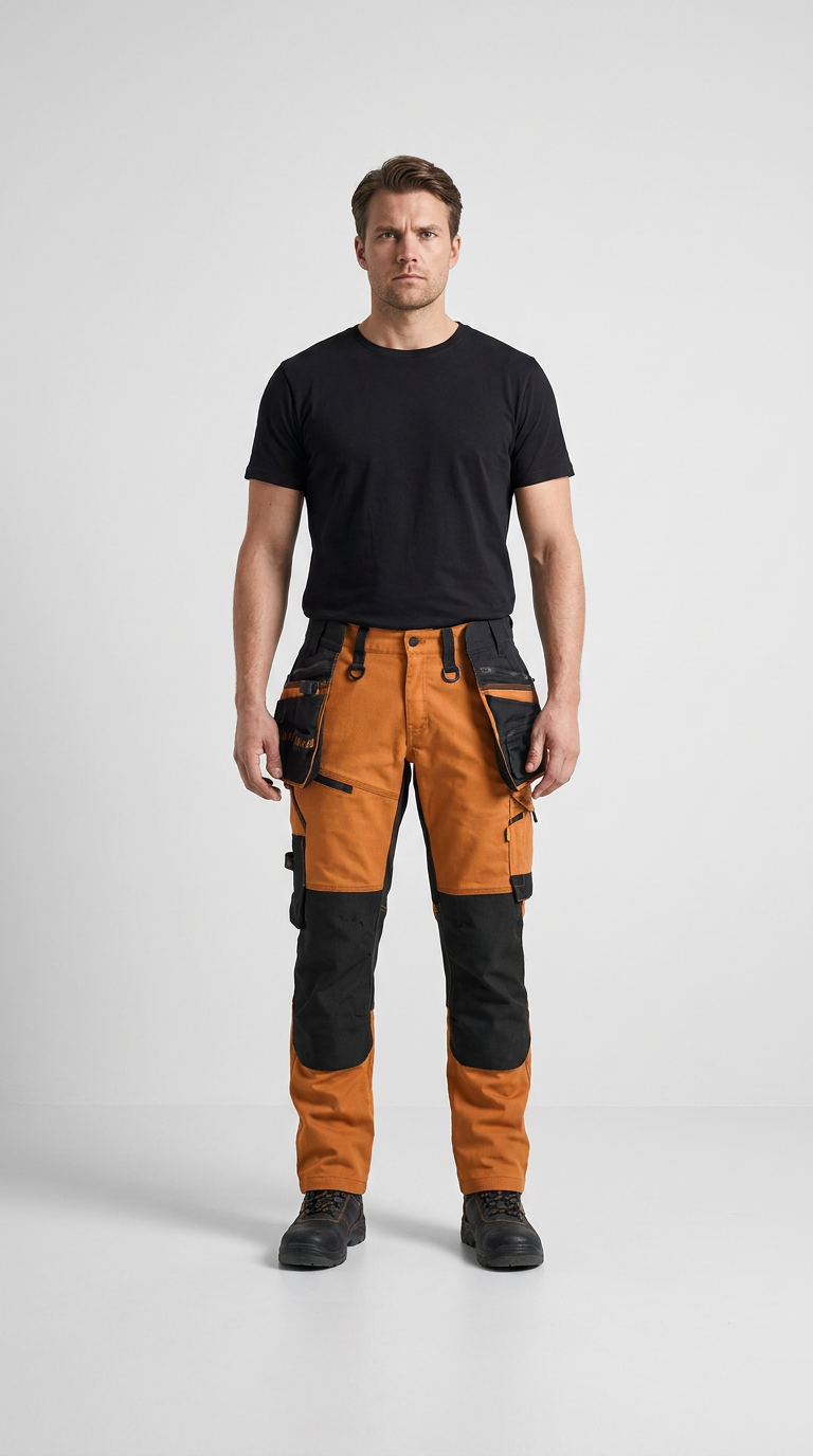 Mand i sort t-shirt og orange og sorte arbejdsbukser med lommer mod en hvid baggrund.