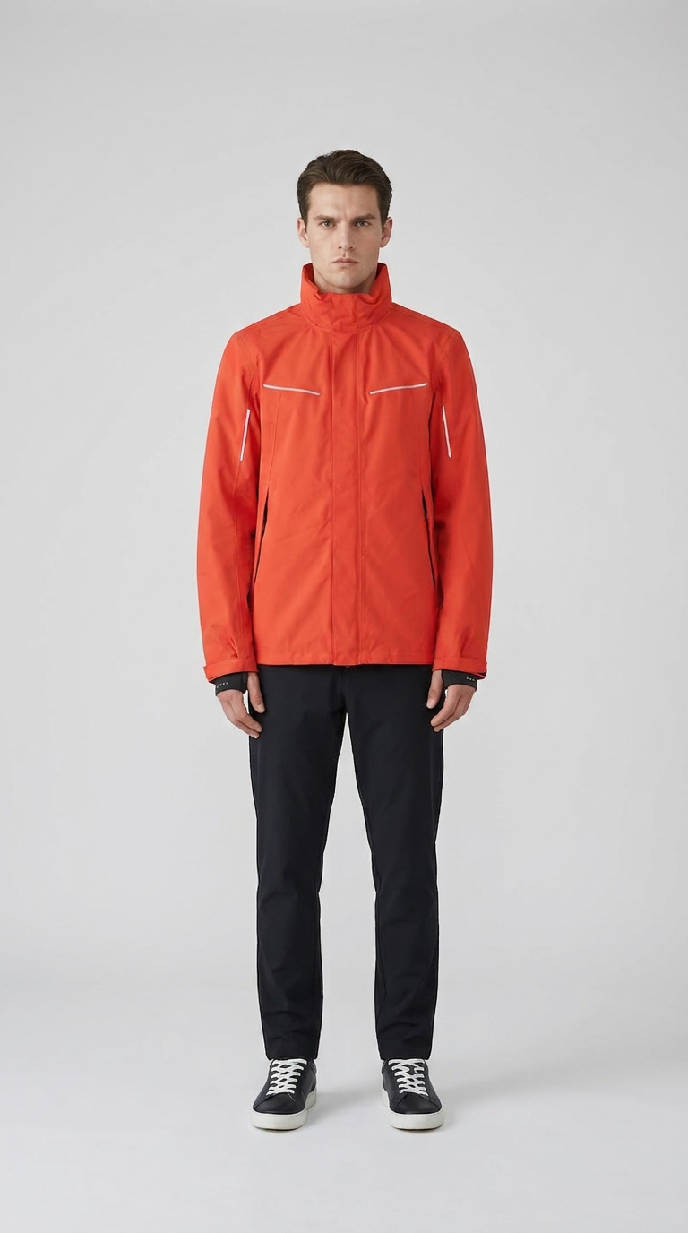 Mand i rød outdoor-jakke, sorte bukser og sorte sneakers på en lys grå baggrund.