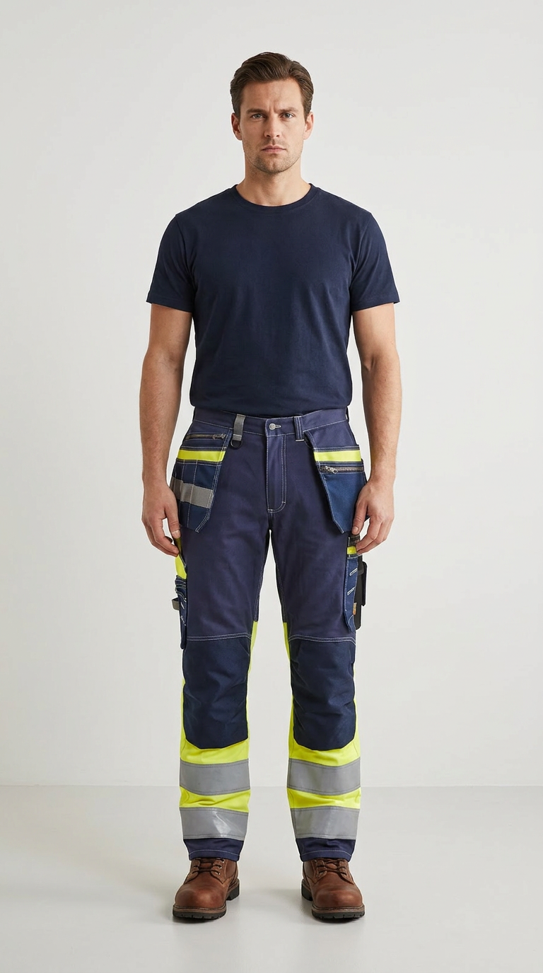 Mand i mørkeblå t-shirt og arbejdsbukser med neongule detaljer og refleksstriber.