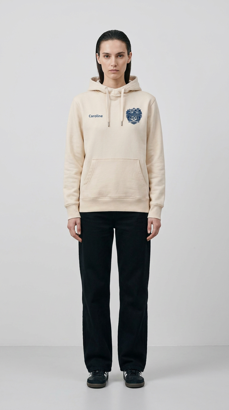 Kvinde i beige hættetrøje med navnet Caroline og et logo, sorte bukser og sneakers mod en hvid baggrund.