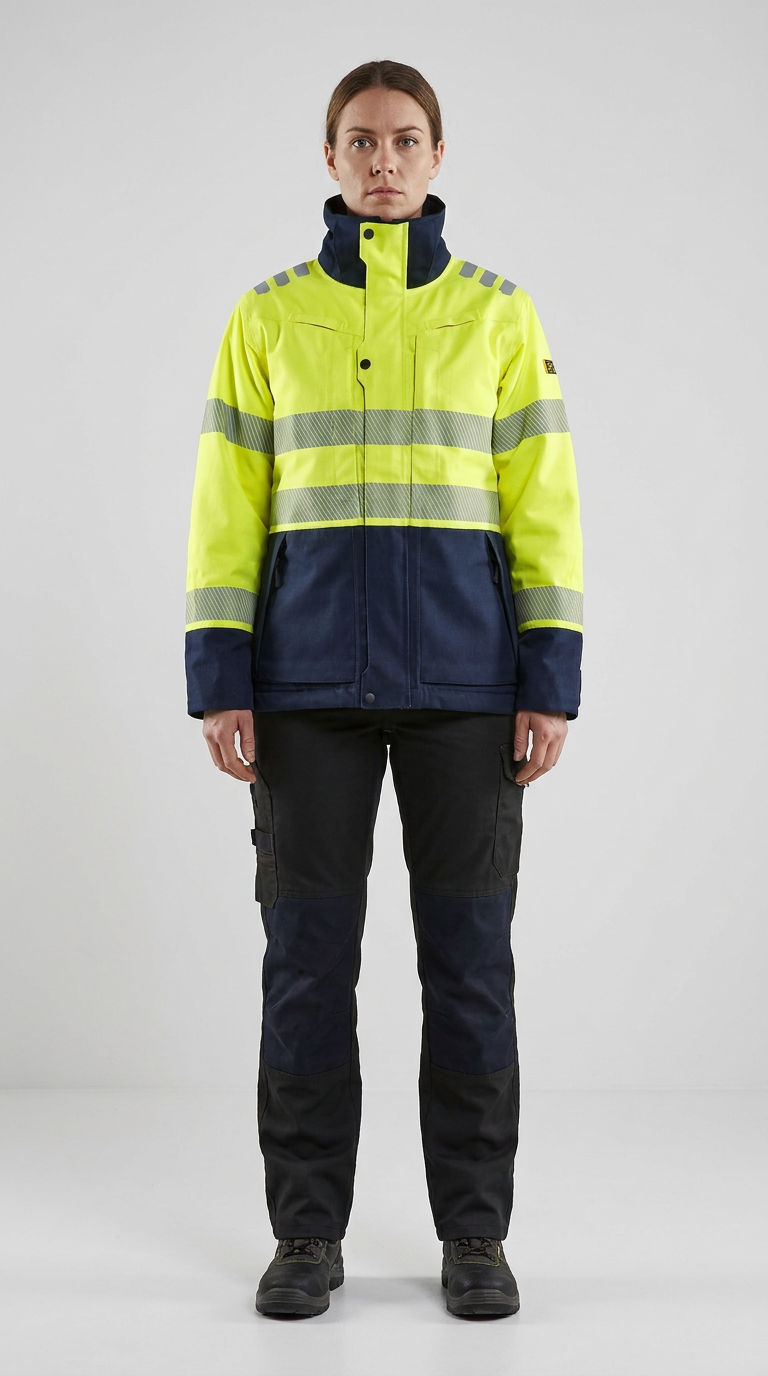 Kvinde i gul og blå high-vis arbejdsjakke med reflekser og mørke arbejdsbukser mod en grå baggrund.