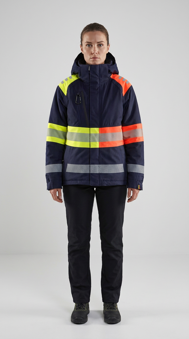 Kvinde i mørkeblå arbejdsjakke med gule og orange high-vis paneler og refleksstriber.