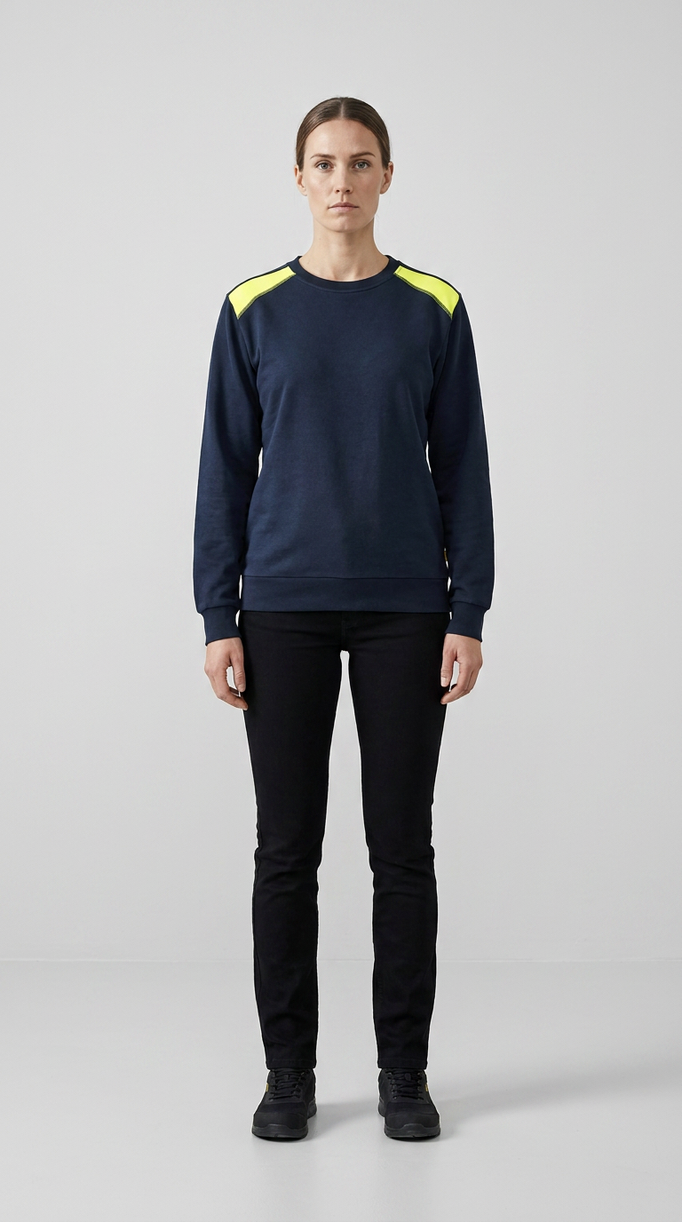 Kvinde i mørkeblå sweatshirt med gule skuldre og sorte bukser foran en grå baggrund.