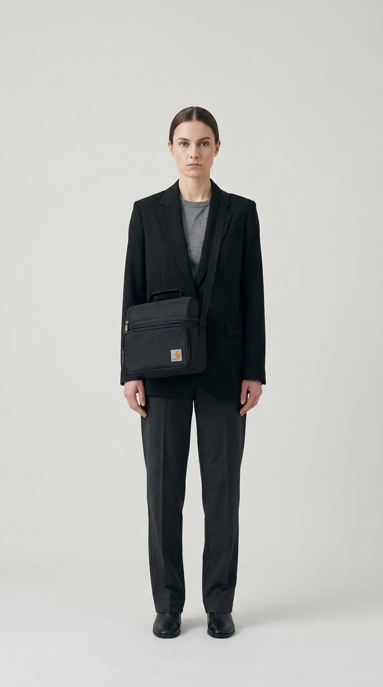 Kvinde i sort blazer og grå bukser med en sort Carhartt skuldertaske mod en lys baggrund.