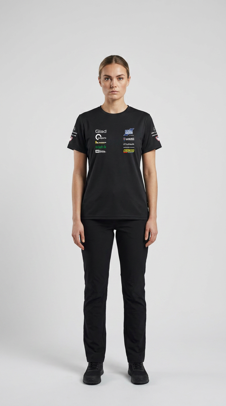 Kvinde i sort t-shirt med sponsorlogoer og sorte bukser stående mod en lys baggrund.