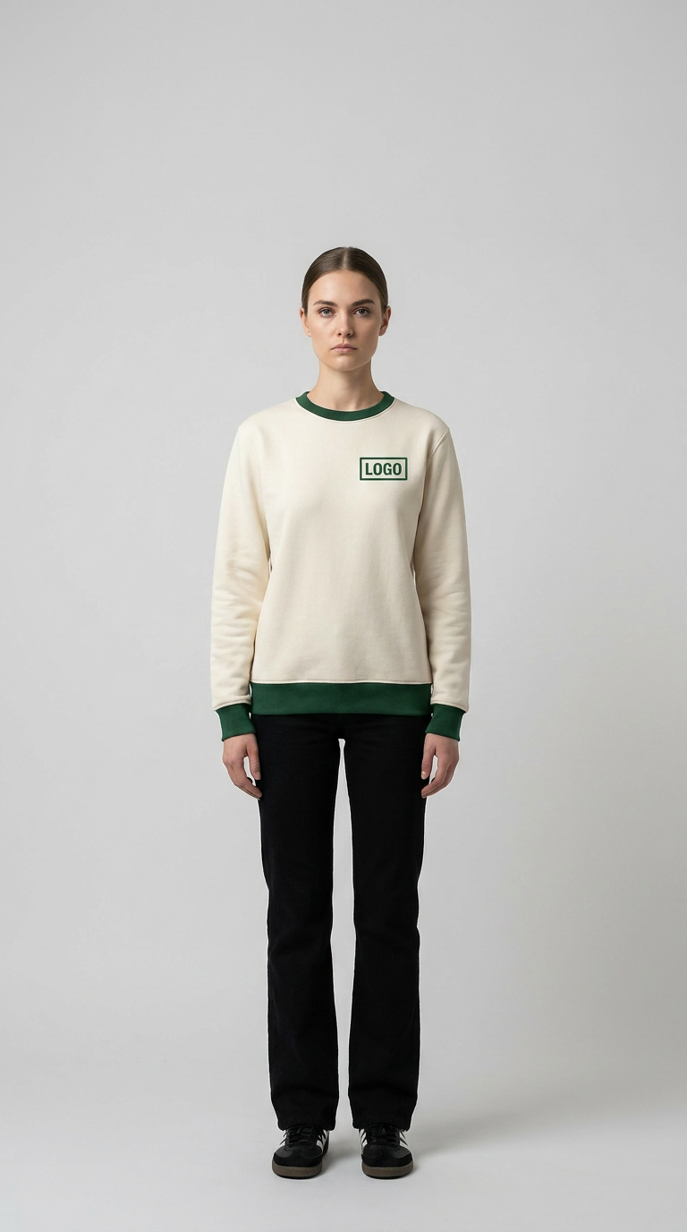 Kvinde i creme-farvet sweatshirt med grønne kanter og sorte bukser mod en neutral grå baggrund.