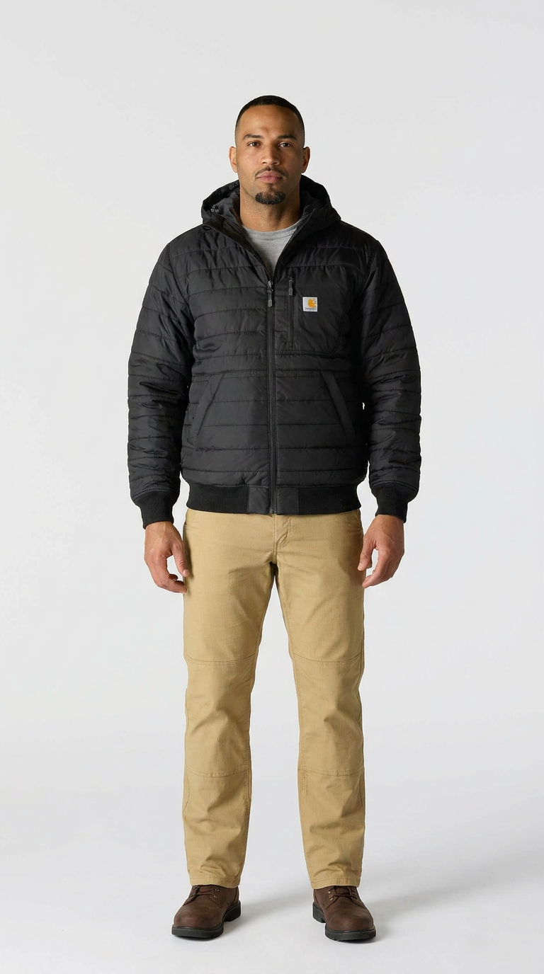 Mand i sort quiltet Carhartt-jakke, beige bukser og brune støvler mod en hvid baggrund.
