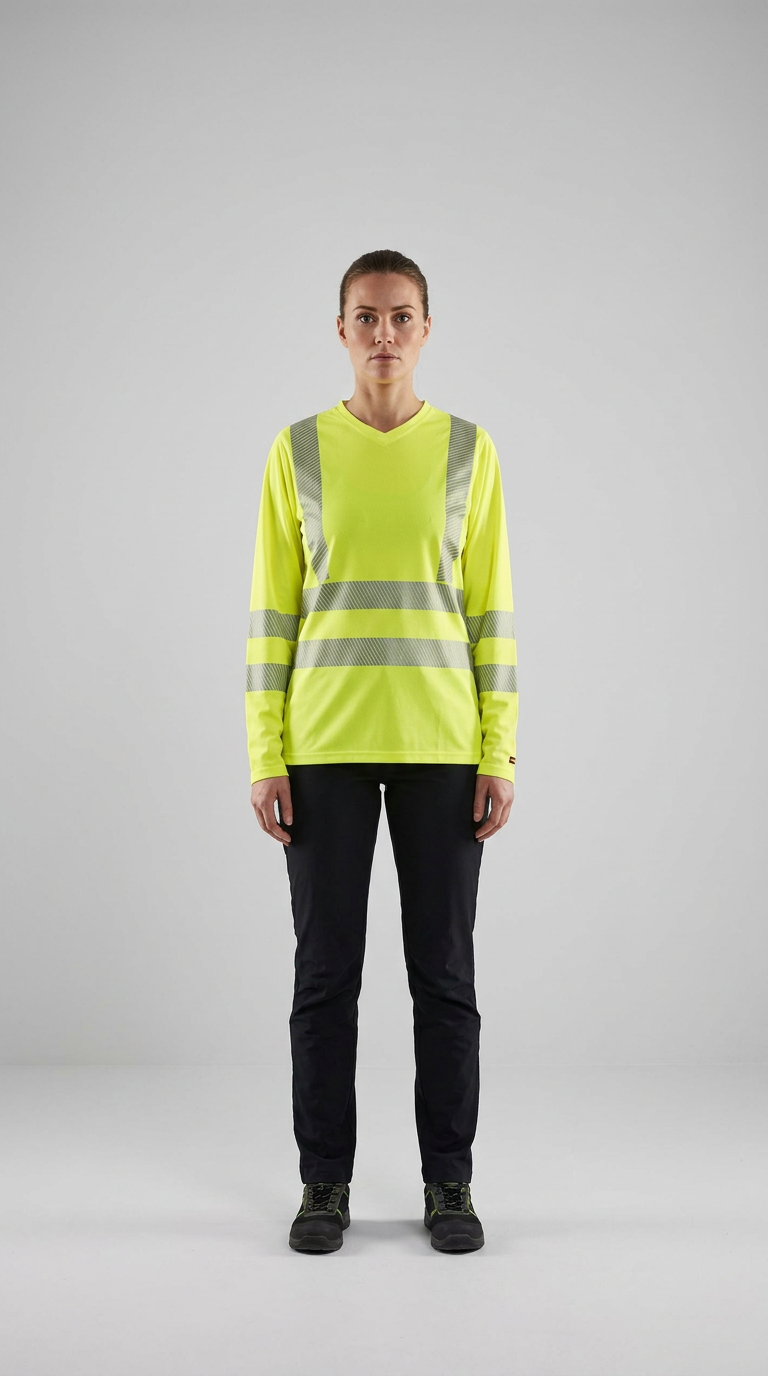 Kvinde i neongul sikkerhedstrøje med reflekser og sorte arbejdsbukser foran en grå baggrund.