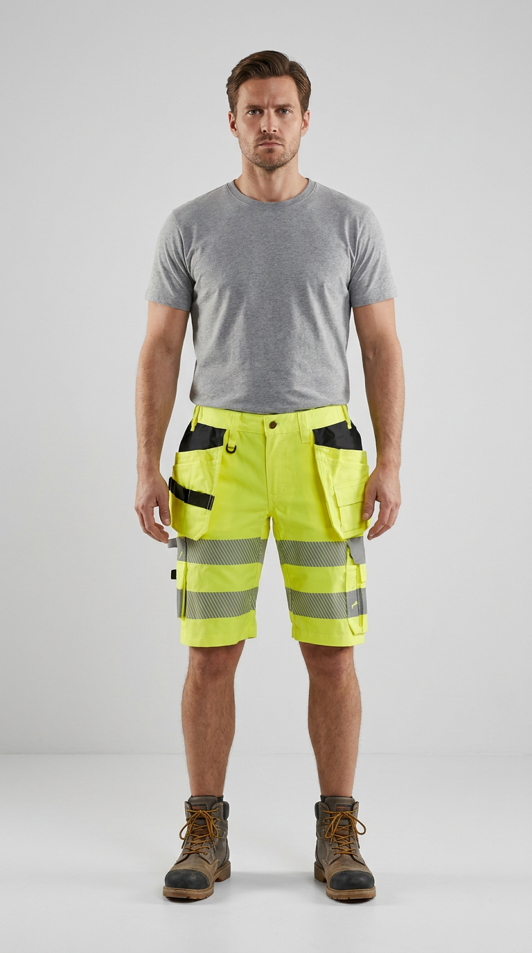 Mand i grå t-shirt, neon-gule arbejdesshorts med reflekser og brune arbejdsstøvler.
