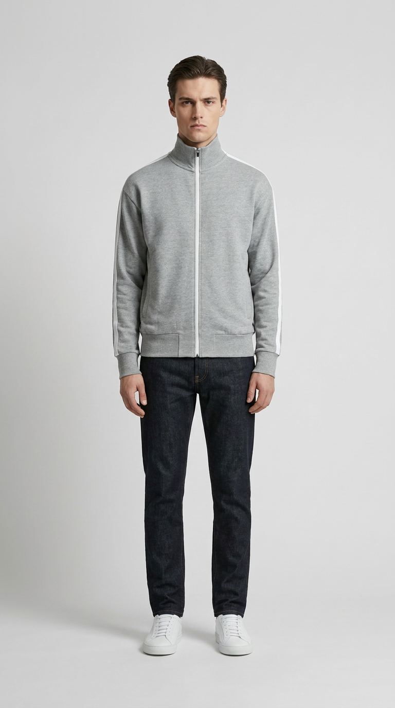 Mand i grå lynlåsjakke med hvide striber, mørkeblå jeans og hvide sneakers mod en lys baggrund.