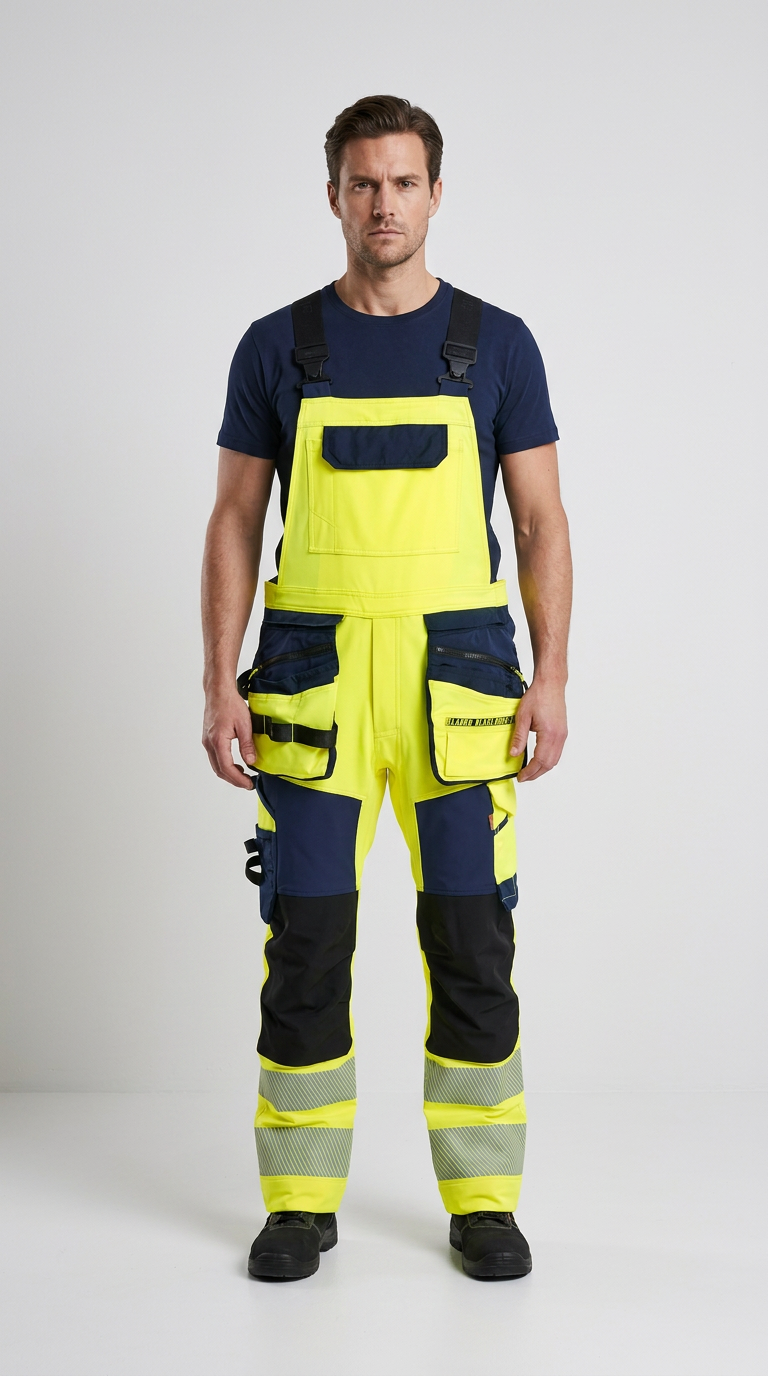 Mand i gul og marineblå high-vis smækbukser med reflekser og lommer på en hvid baggrund.