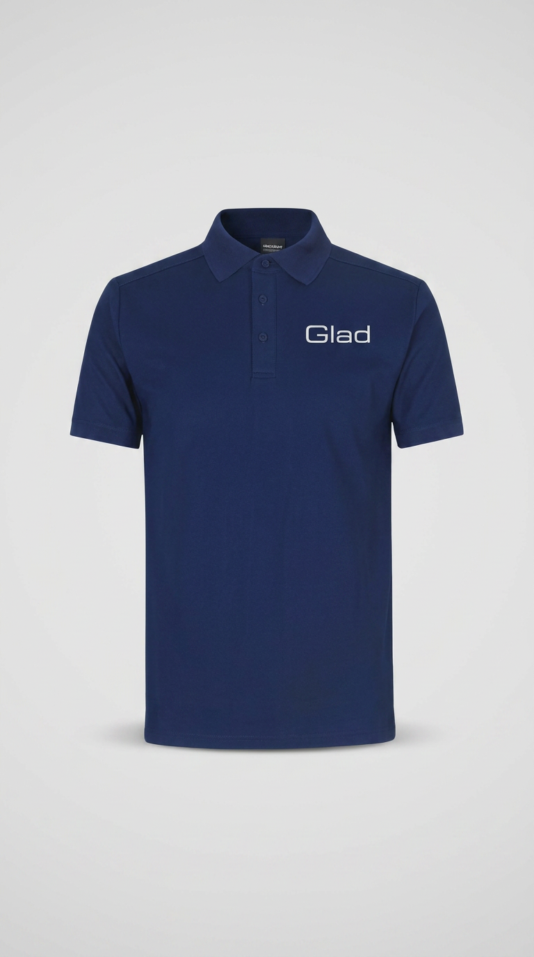 Mørkeblå polo shirt med hvidt 'Glad' logo på brystet mod en lys grå baggrund.