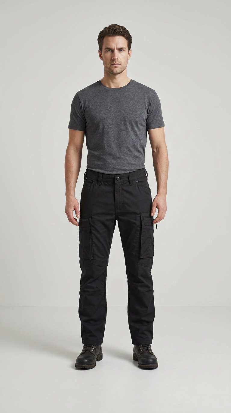 Mand i grå t-shirt og sorte cargobukser stående mod en lys, neutral baggrund.