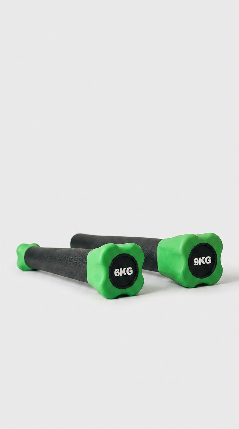 To grønne og sorte håndvægte på 6 kg og 9 kg mod en hvid baggrund.