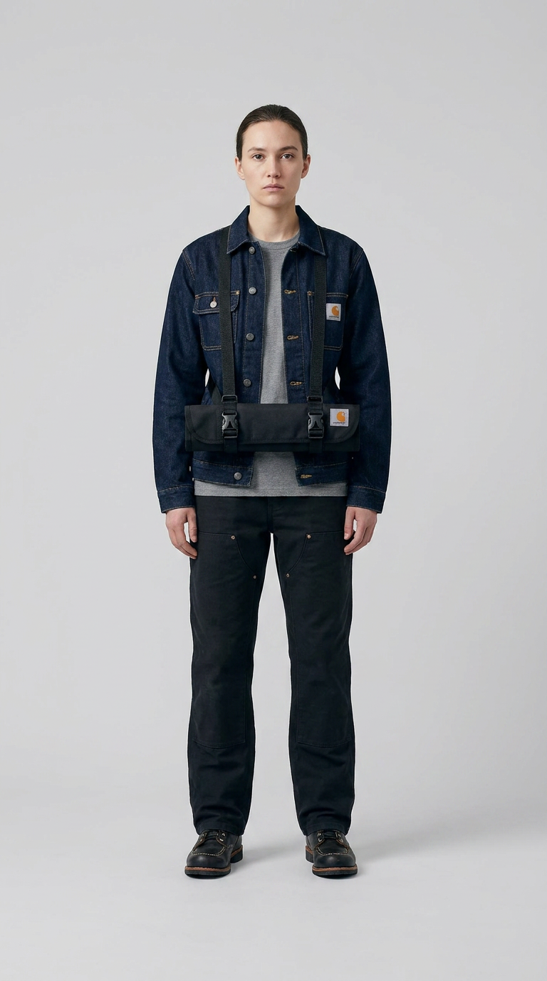 Person i mørk denimjakke og sorte arbejdsbukser med en sort Carhartt-værktøjsrulle over brystet.