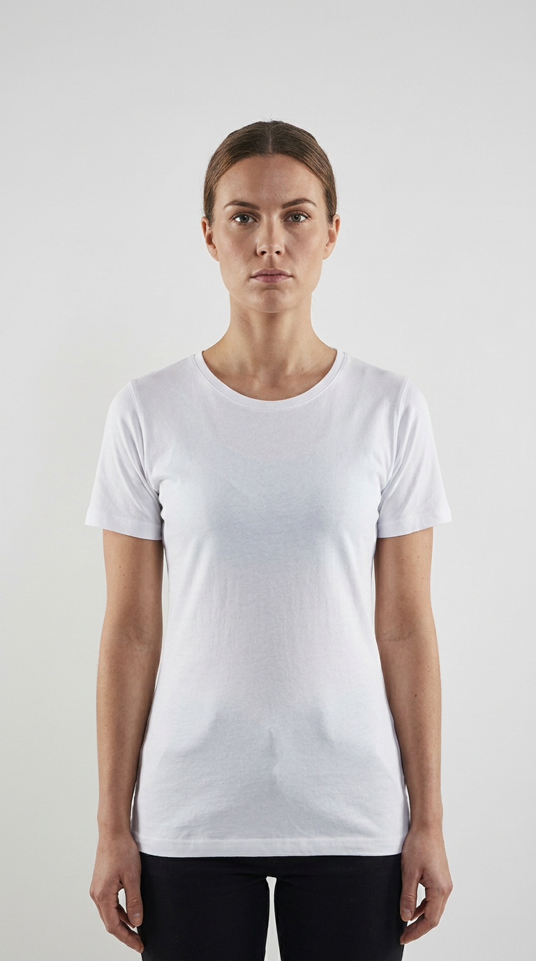 Kvinde iført en hvid kortærmet t-shirt foran en lys, neutral baggrund.