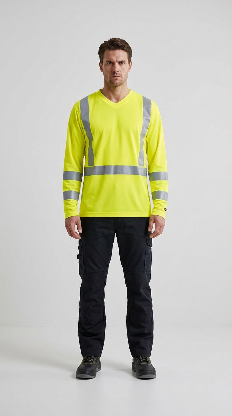 Mand iført gul langærmet hi-vis trøje med reflekser og sorte arbejdsbukser.