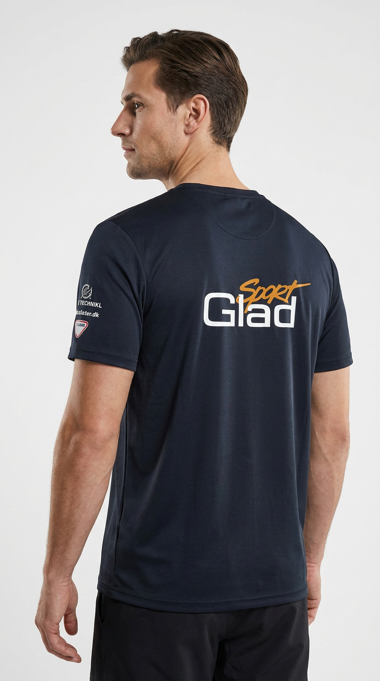 Mand i mørkeblå t-shirt med 'Sport Glad' logo på ryggen, set bagfra mod en hvid baggrund.