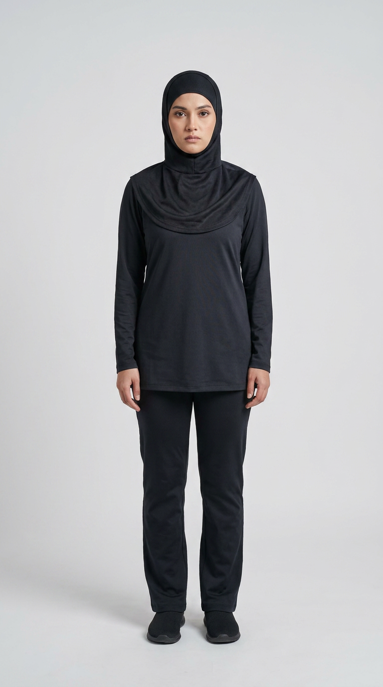 Kvinde iført sort sports-hijab, langærmet trøje og bukser mod en lys grå baggrund.