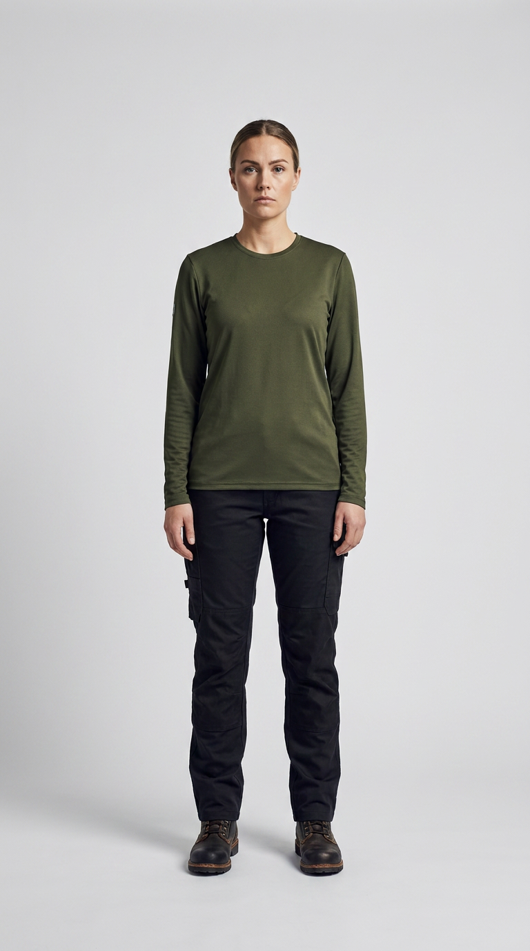 Kvinde i langærmet olivengrøn t-shirt og sorte arbejdsbukser mod en grå baggrund.
