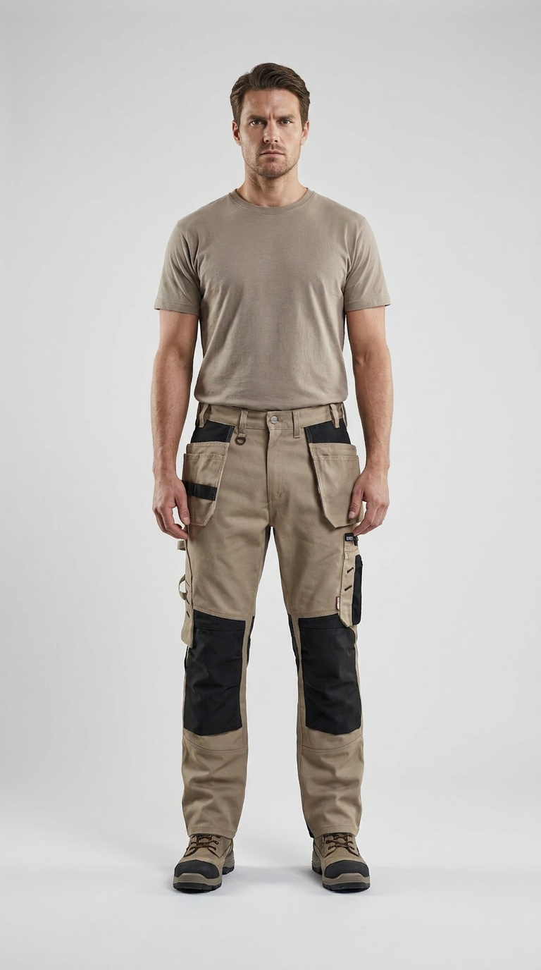 Mand i beige t-shirt og arbejdsbukser med sorte knæpuder stående mod en grå baggrund.