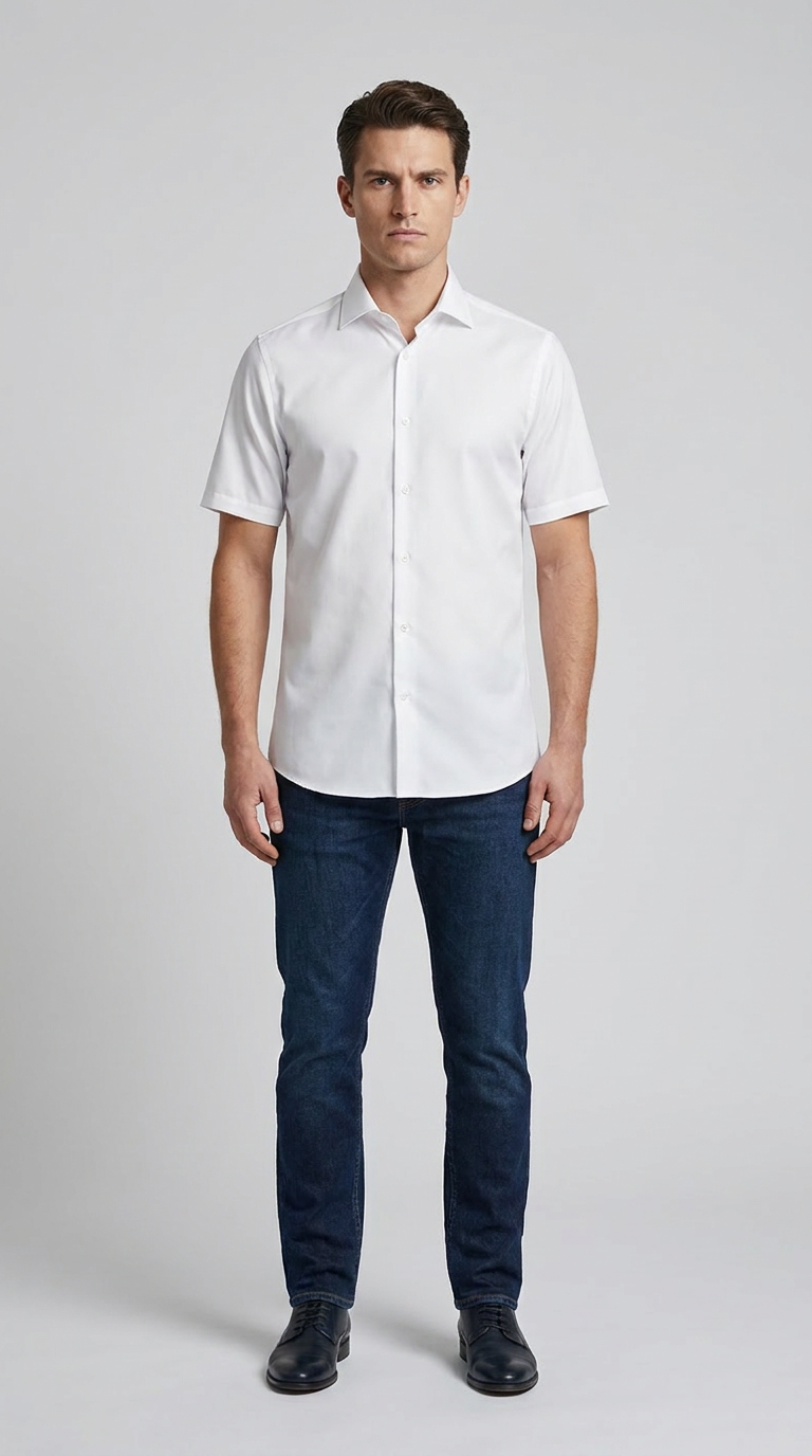 Mand i hvid kortærmet skjorte og mørkeblå jeans på en grå baggrund.