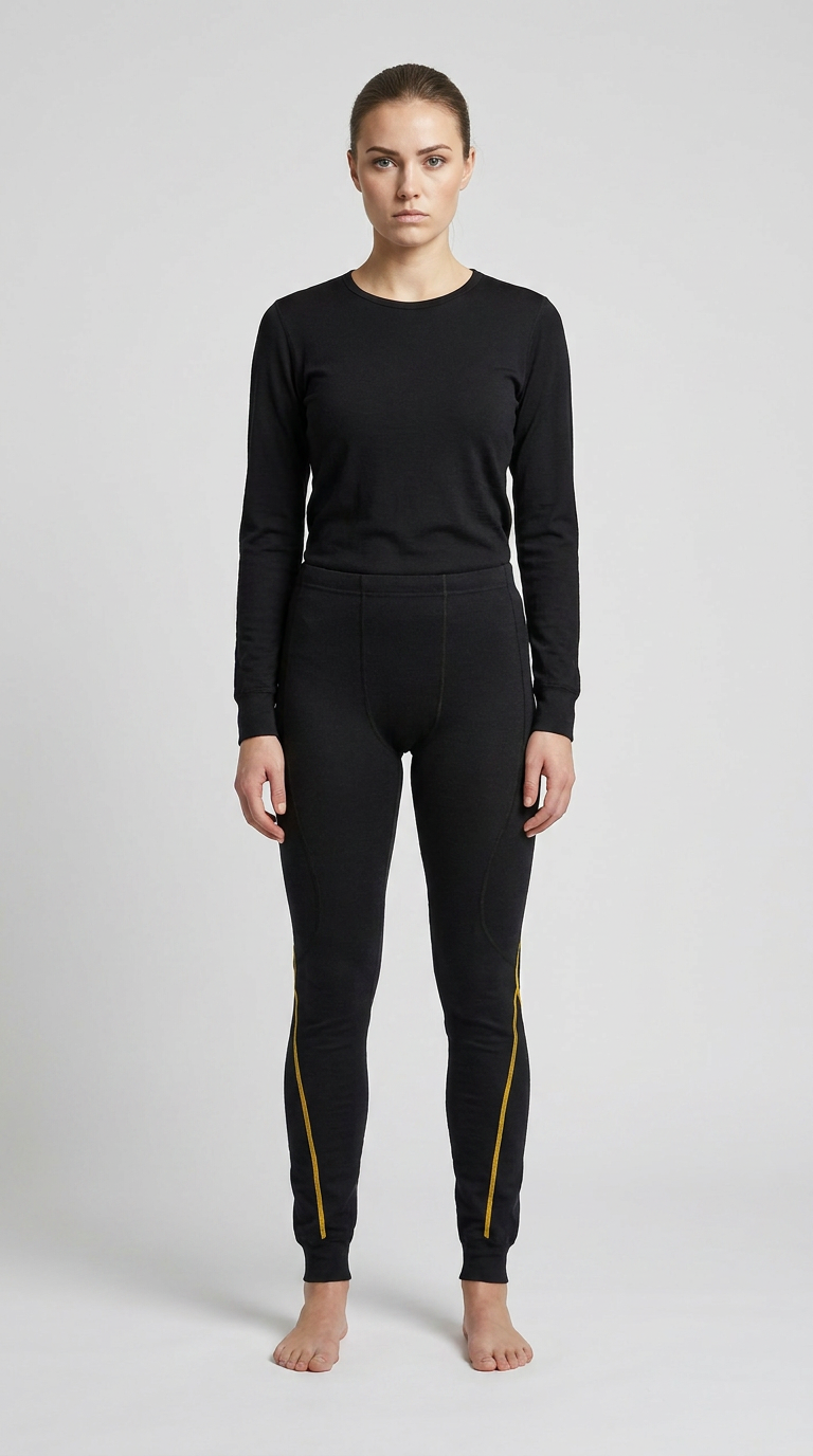 Kvinde i sort langærmet undertrøje og leggings med gule syninger på benene mod en grå baggrund.
