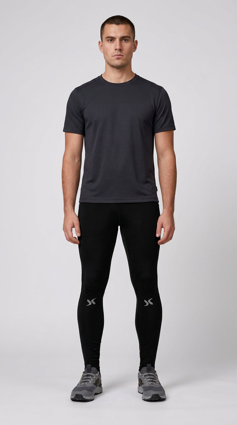 Mand i mørkegrå t-shirt, sorte træningstights og grå sneakers mod en lys baggrund.