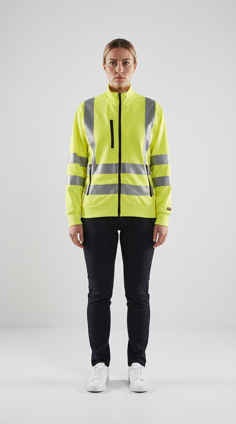 Kvinde i gul high-vis jakke med reflekser, sorte bukser og hvide sneakers mod en lys baggrund.