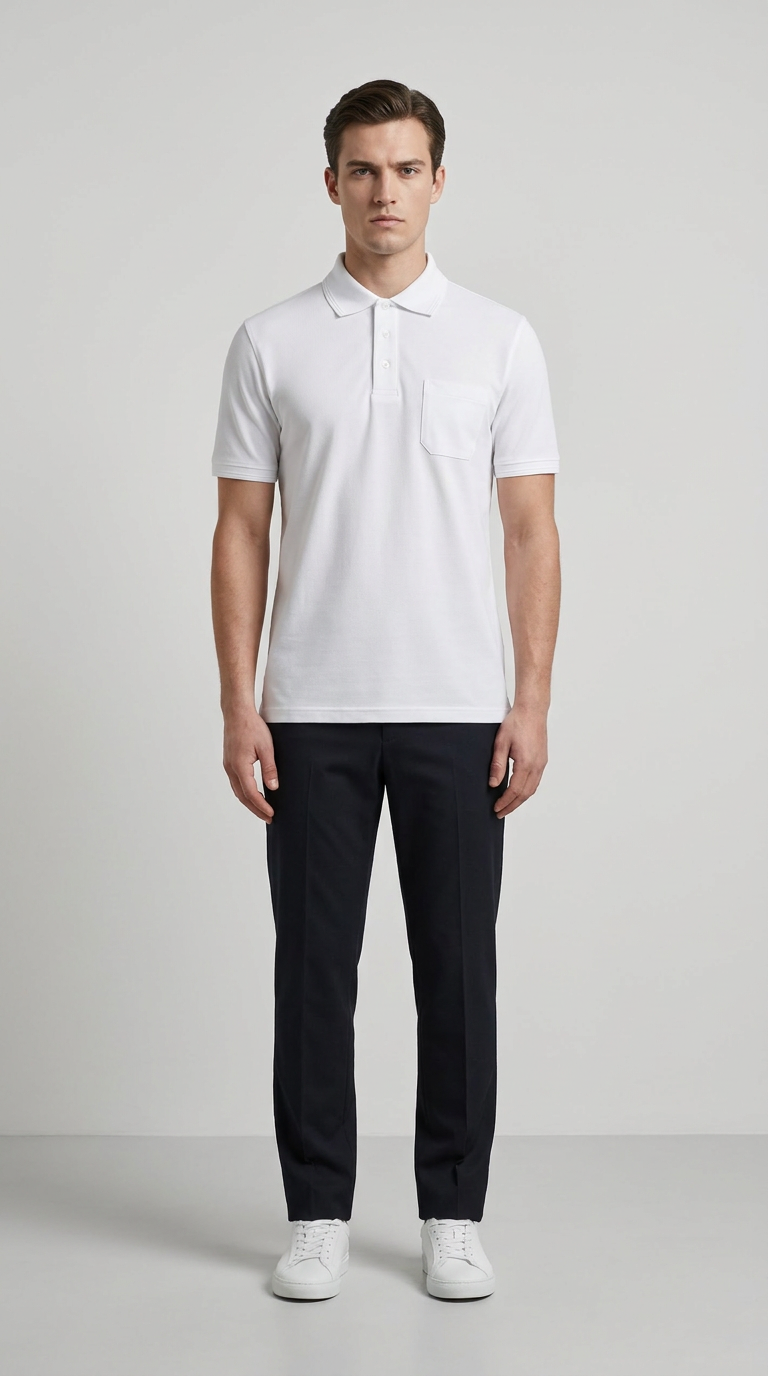 Mand i hvid polo-shirt med brystlomme, mørke bukser og hvide sneakers på en grå baggrund.
