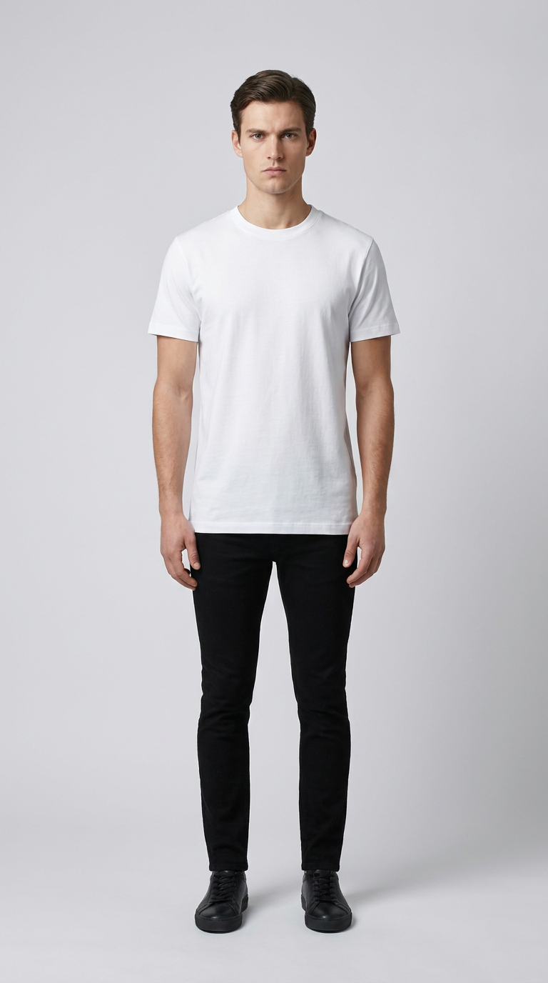 Mand iført en hvid t-shirt og sorte bukser mod en neutral grå baggrund.
