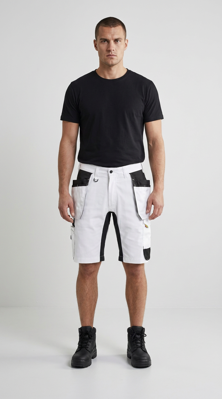 Mand i sort t-shirt, hvide arbejdsshorts med sorte lommer og sorte støvler på en lys baggrund.