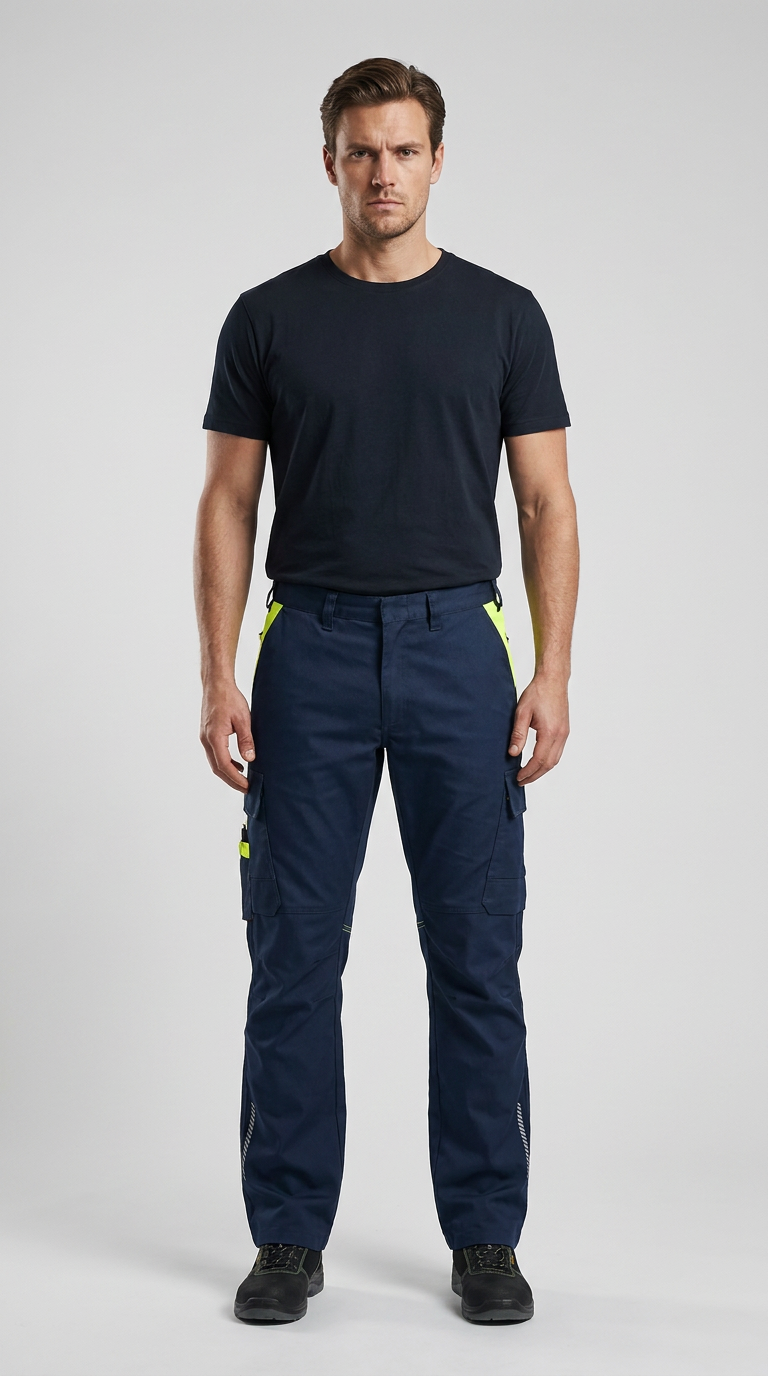 Mand i sort t-shirt og mørkeblå arbejdsbukser med neon-gule detaljer på en grå baggrund.