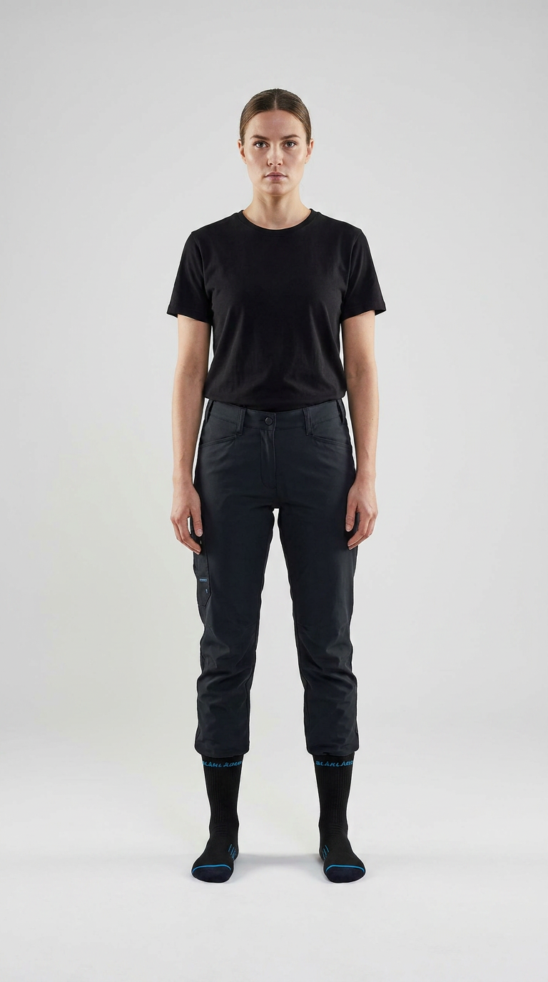 Kvinde i sort t-shirt og sorte arbejdsbukser mod en lys baggrund.