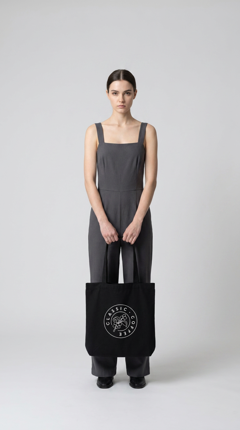 En kvinde i gråt jumpsuit holder en sort mulepose med Classic Coffee-logoet.