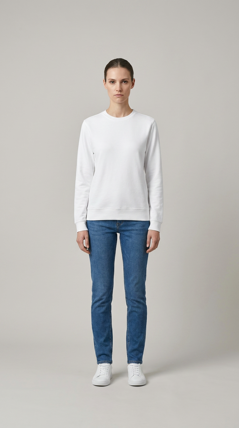 Kvinde i hvid sweatshirt, blå jeans og hvide sneakers foran en grå baggrund.
