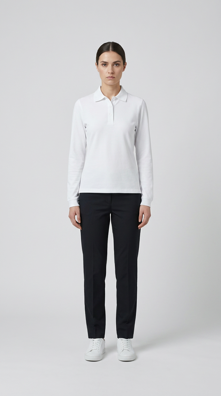 Kvinde iført hvid langærmet polo shirt, mørke bukser og hvide sneakers på en neutral baggrund.