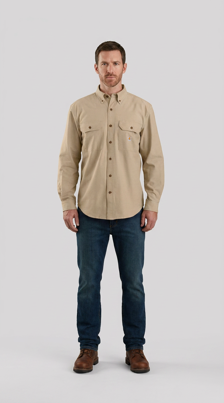 Mand i beige langærmet skjorte, blå jeans og brune støvler foran en grå baggrund.