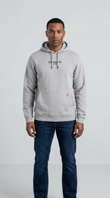 Mand i grå Carhartt-hættetrøje og blå jeans mod en lys baggrund.