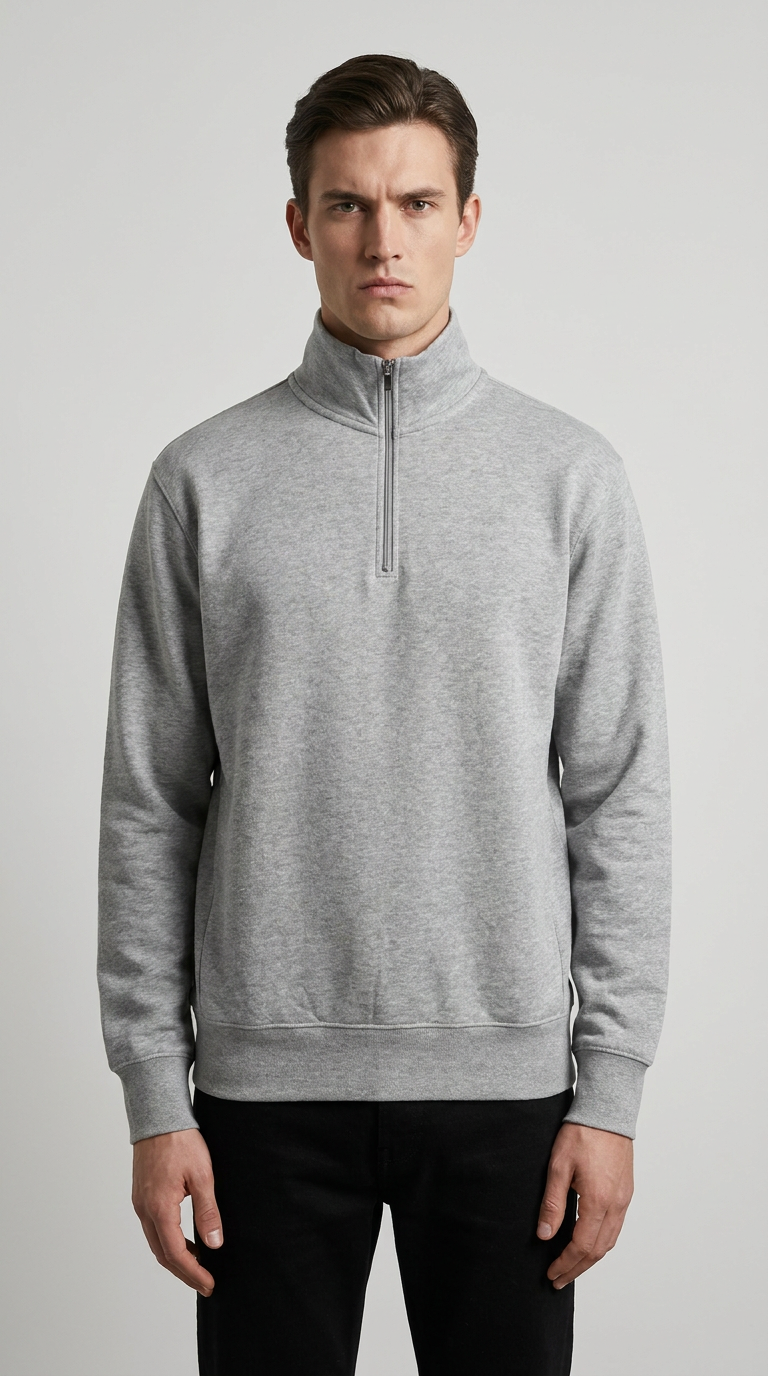 Mand i grå sweatshirt med lynlås i halsen og sorte bukser mod en lys baggrund.