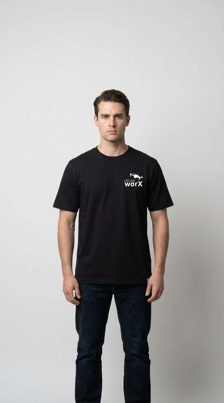 Mand i sort t-shirt med hvidt Drone Worx-logo og mørke jeans på en hvid baggrund.