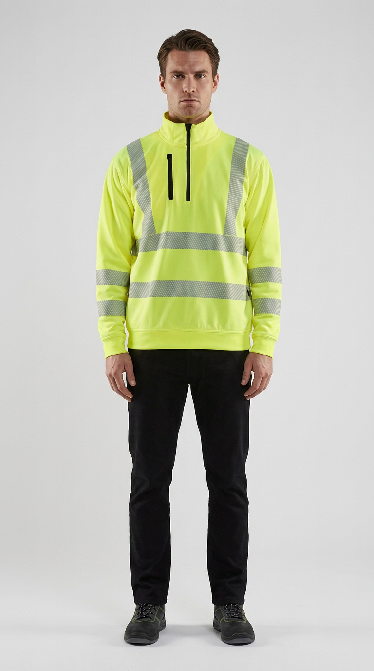 Mand i neongul high-visibility sweatshirt med refleksstriber og sorte bukser mod en lys baggrund.