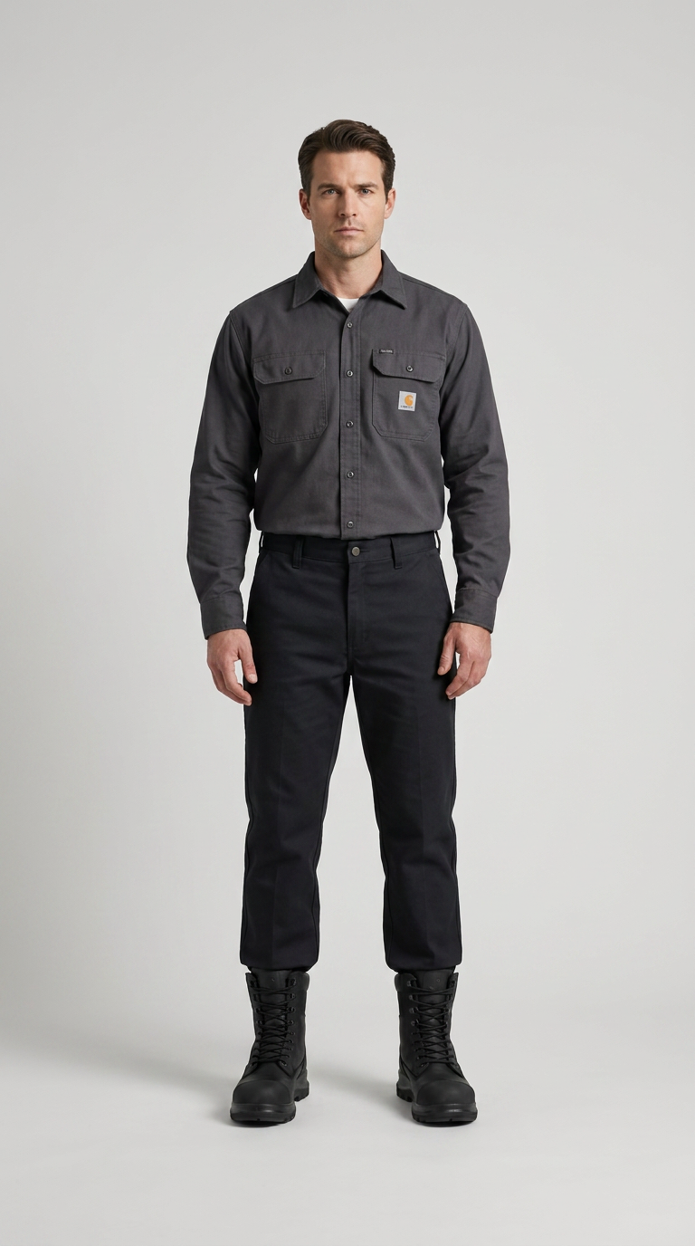 Mand i grå Carhartt arbejdsskjorte, sorte bukser og sorte arbejdsstøvler mod en lys baggrund.