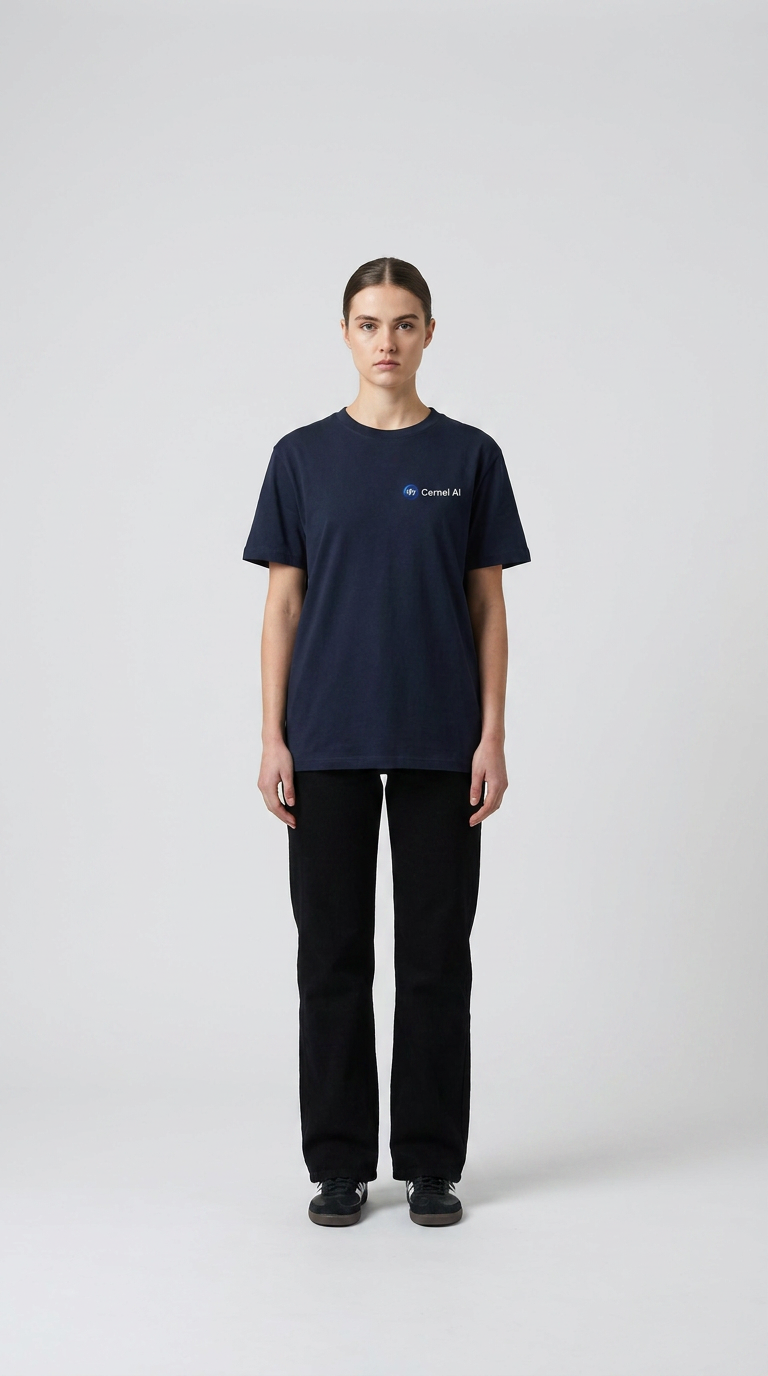 Kvinde i mørkeblå Cernel AI t-shirt og sorte bukser mod en hvid baggrund.