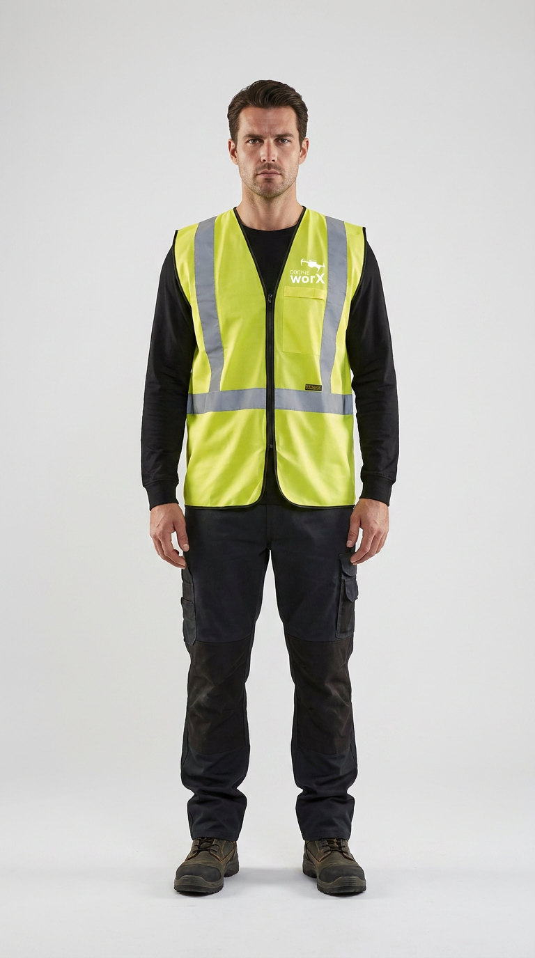 Mand i gul refleksvest, sort langærmet trøje og mørke arbejdsbukser mod en hvid baggrund.