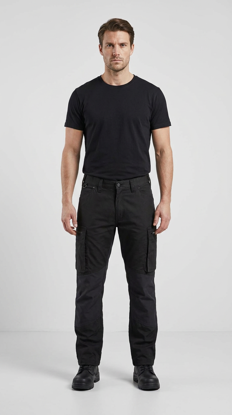 Mand i sort t-shirt og sorte arbejdsbukser med lårlommer og knæforstærkning på en grå baggrund.